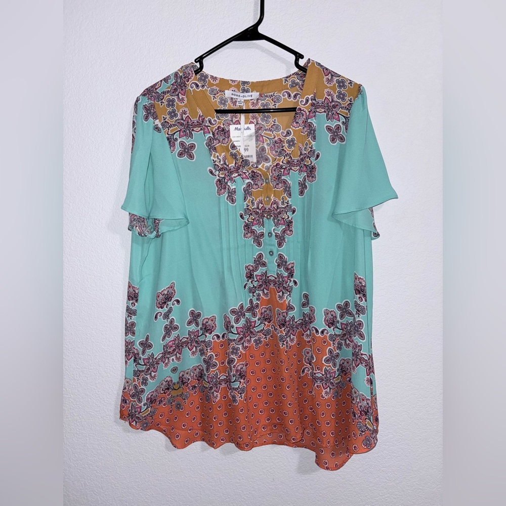 Rose & Olive Teal and Orange Floral Blouse
